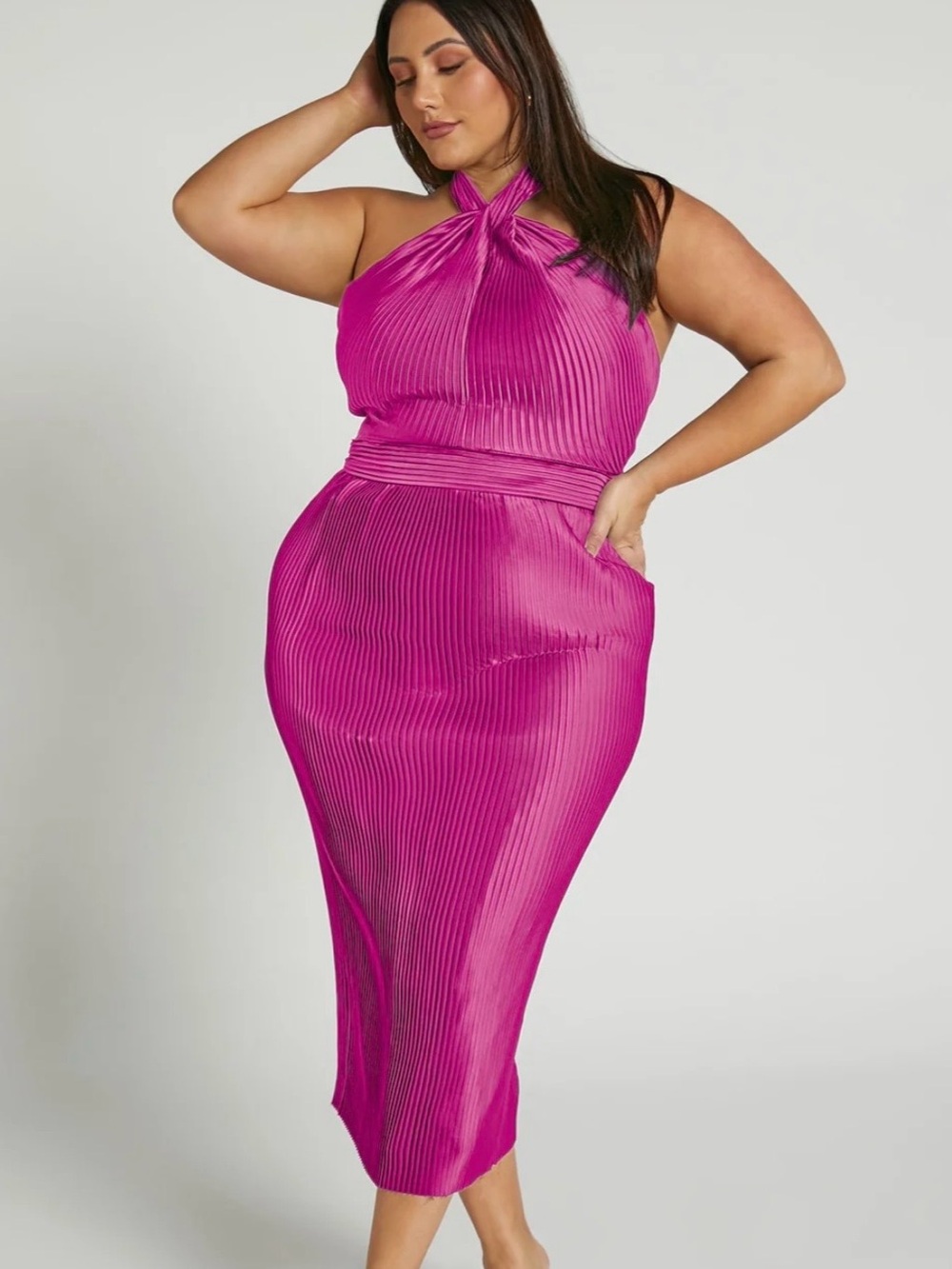 Showpo Marlette | Pleated Halter Midi Skirt in Fuchsia - Women's Skirt
